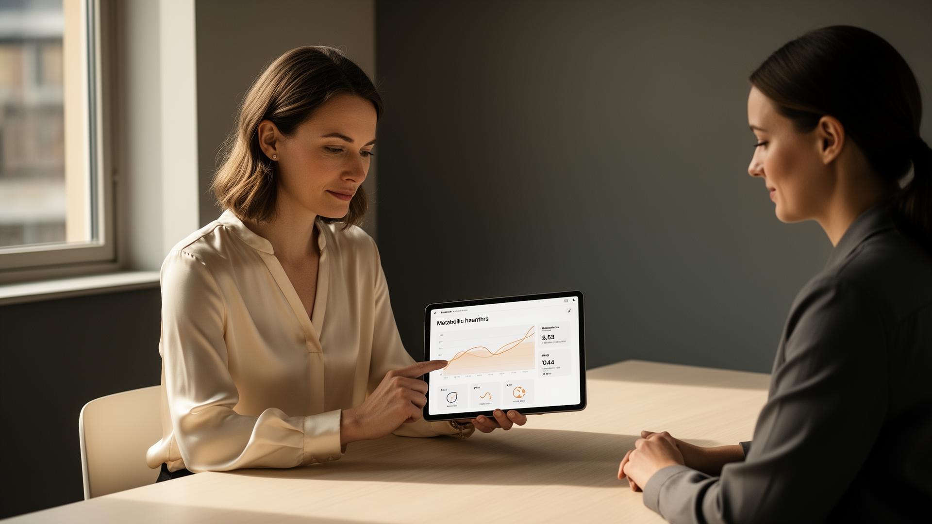 Läkare granskar metabol dashboard tillsammans med patient